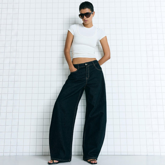 Damen nan hohe Taillenweite Palazzo-Denim mit weitem Bein und cleanem Five-Pocket-Design EB
