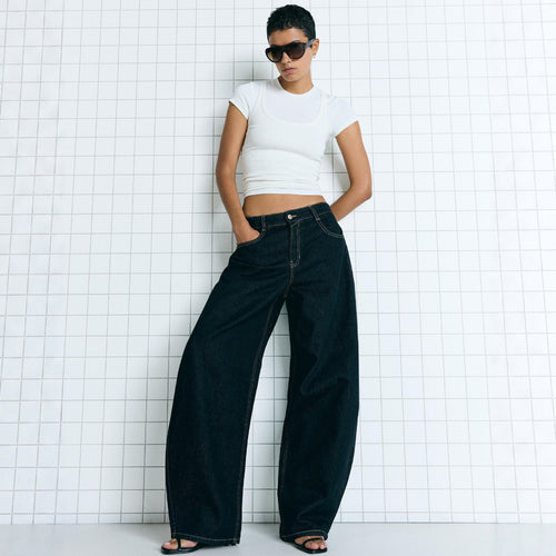 Damen nan hohe Taillenweite Palazzo-Denim mit weitem Bein und cleanem Five-Pocket-Design EB