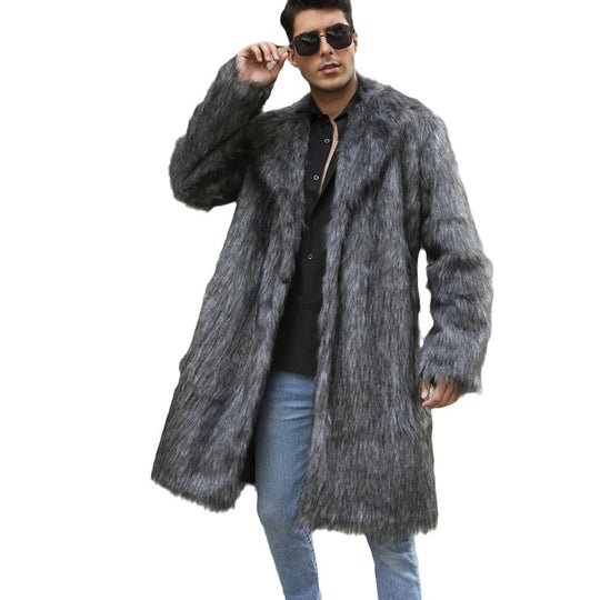 Herren Eleganter Kunstpelz-Mantel mit breitem Kragen und Relaxed Fit EB