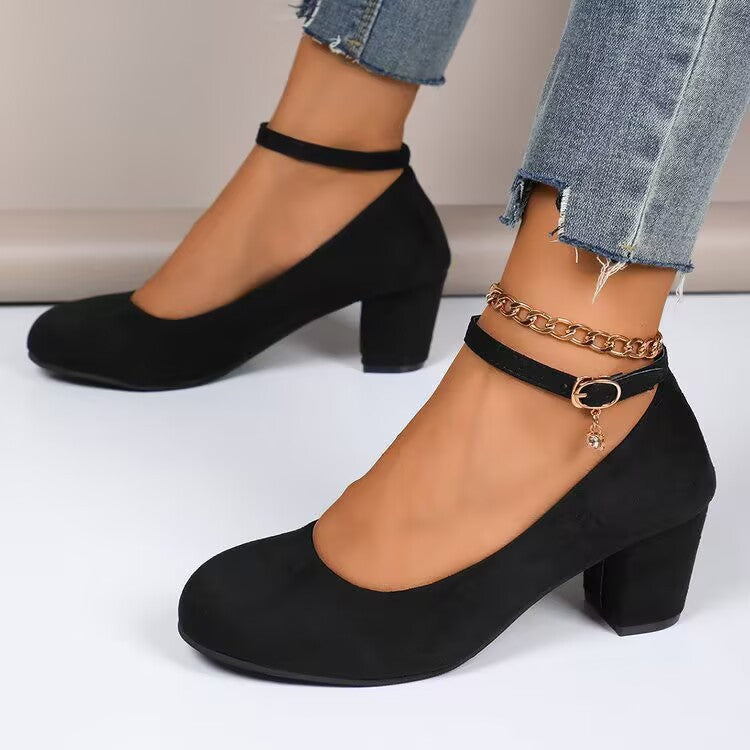 Damen Elegante Pumps mit breitem Blockabsatz und verstellbarem Knöchelriemen EB