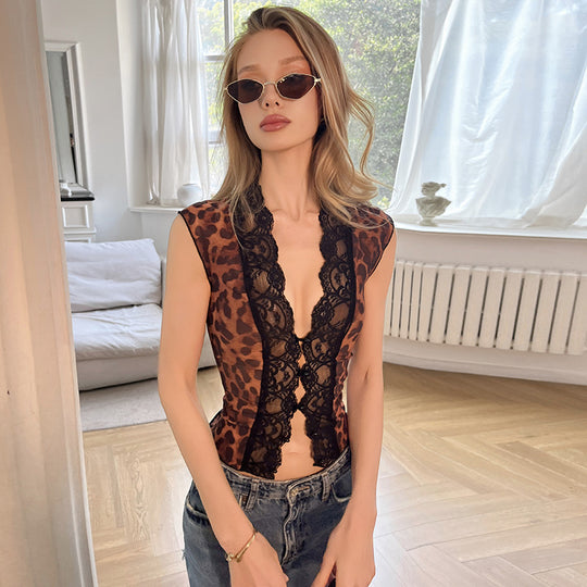 Damen Sexy Spitzenoberteil mit Leopardenmuster EB