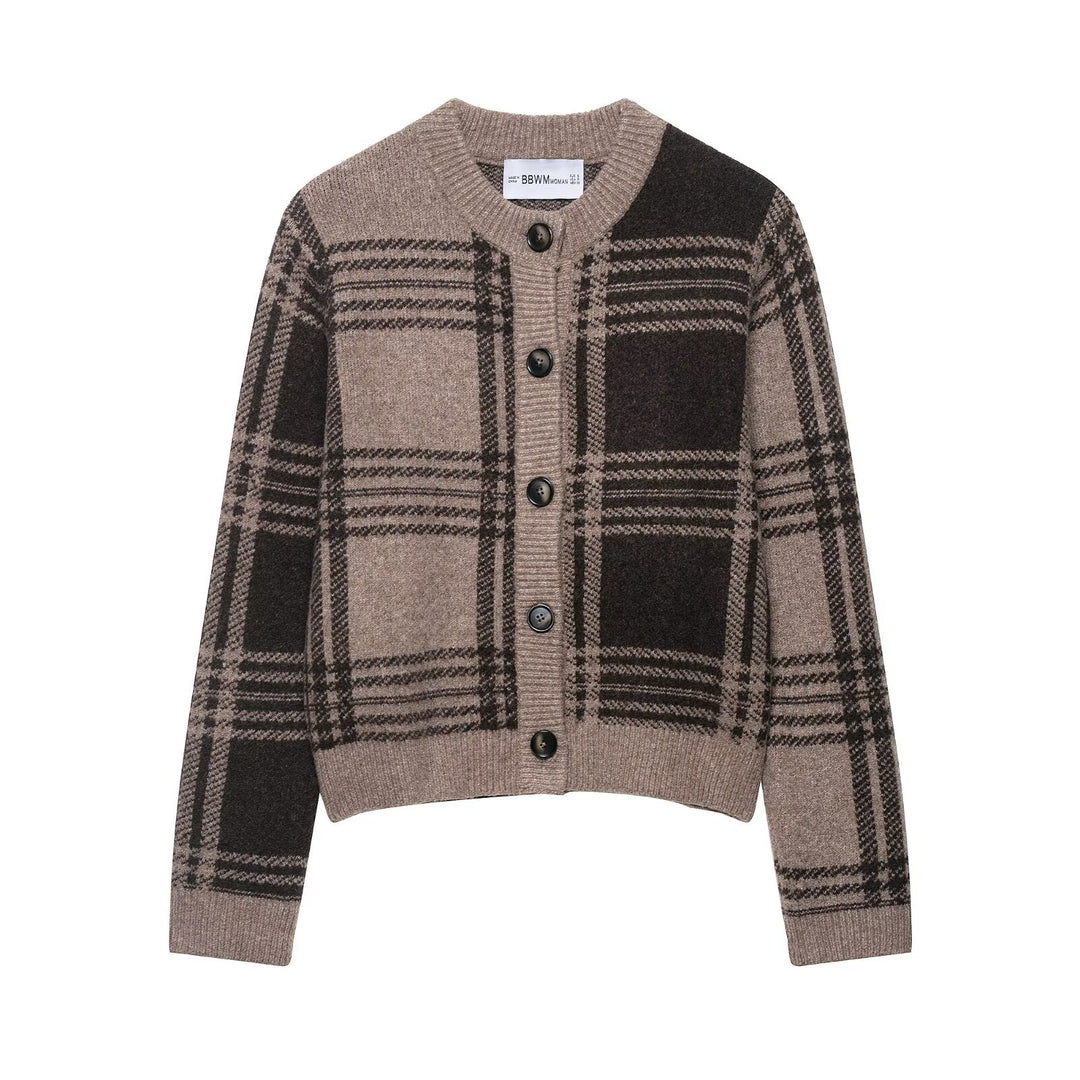 Damen lässige Karostrickjacke mit Knopfverschluss EB