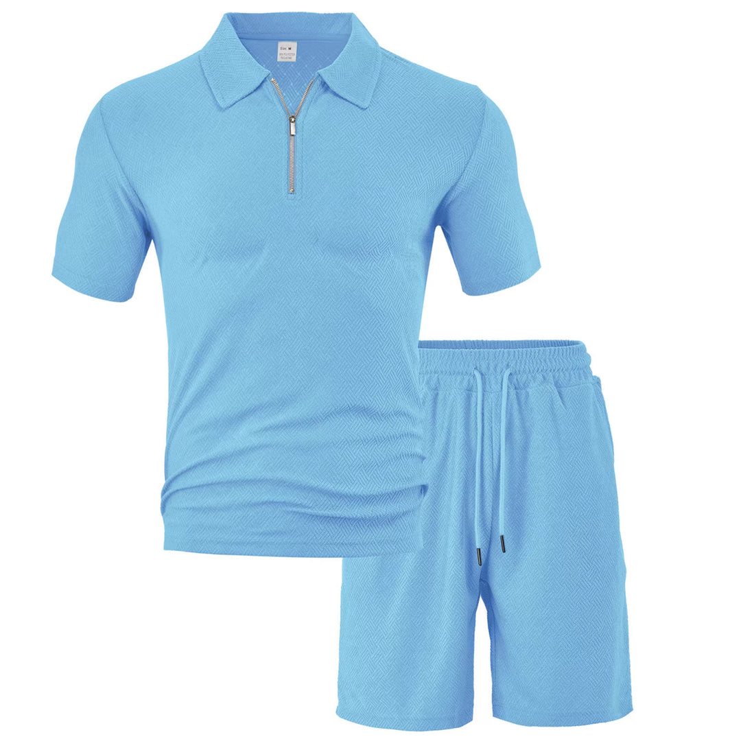 Herren nan komfortables Kurzarm-Halbzip-Set mit Polokragen und elastischer Kordelhose aus Strukturstrick EB