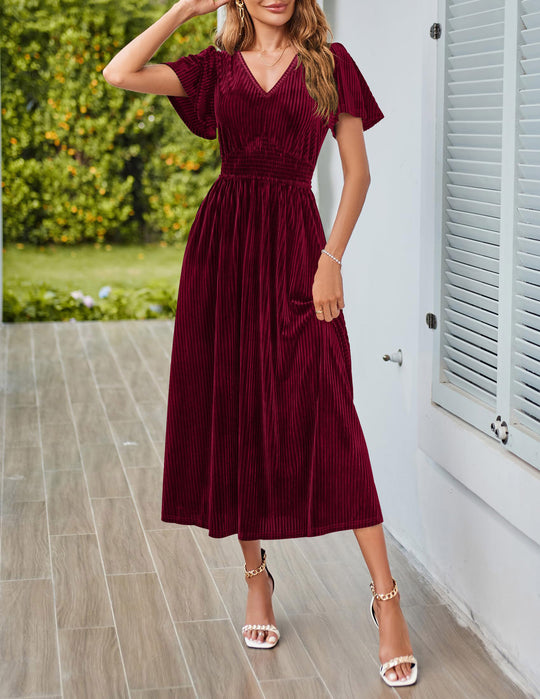 Damen Midikleid mit V-Ausschnitt und voluminösen Ärmeln EB