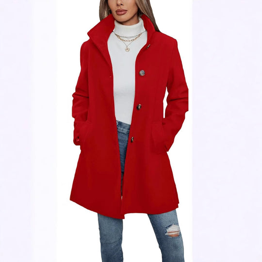 Damen Eleganter Wollmantel mit Hochgeschlossenem Kragen und Praktischen Taschen EB