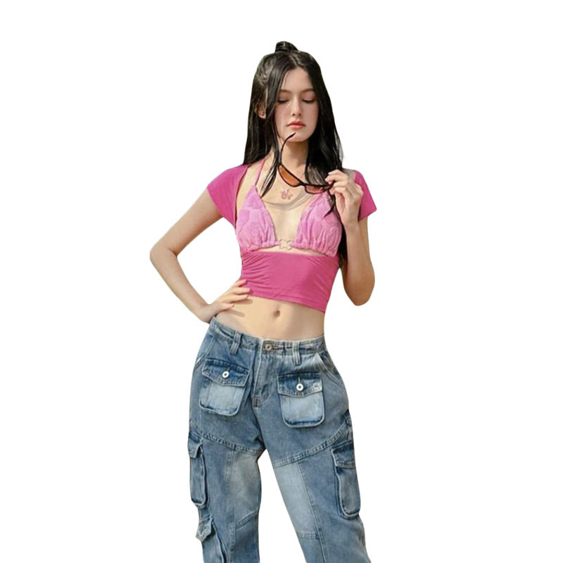 Damen Crop Top mit verspieltem Aquarell-Design und regulierbarem Ausschnitt EB