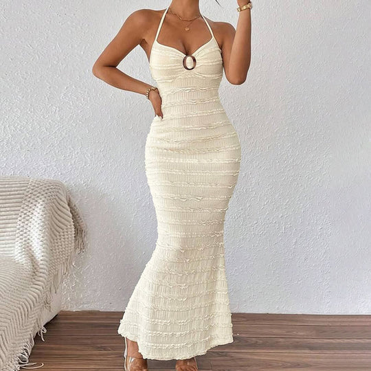 Damen Strick-Maxikleid mit verführerischem Wasserfall-Ausschnitt und feinen Rippendetails EB