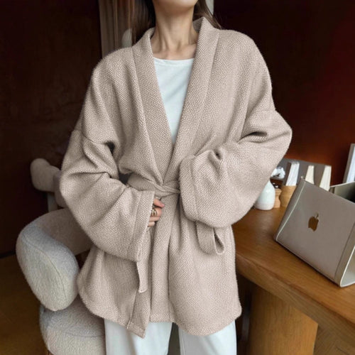 Damen modische offene Strickjacke mit Taillengürtel und weitem Schnitt EB