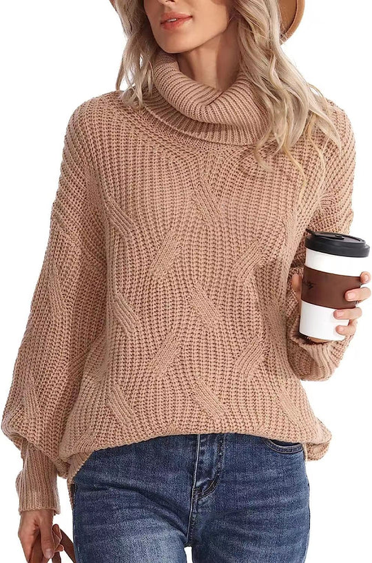 Damen Weicher Strickpullover mit hohem Kragen und Kabelmuster EB