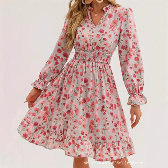 Damen Blütenmuster Mini-Kleid mit voluminösen Ärmel und elastischem Taillenbund EB