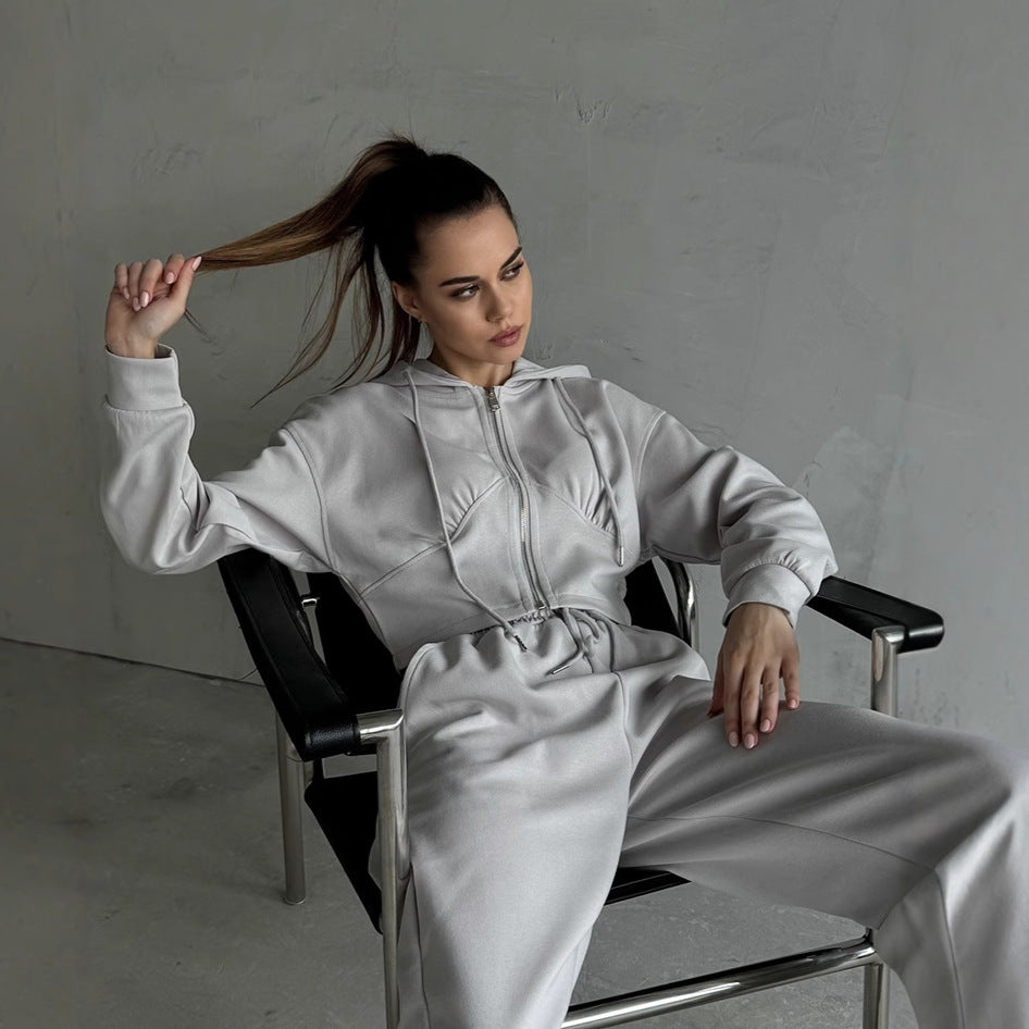 Damen nan zweiteiliges Cropped Hoodie-Set mit weitem Bundhose-Schnitt und tailliertem Reißverschluss EB