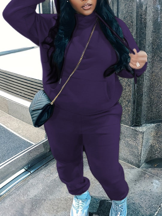 Damen nan kuscheliges Hoodie‑und Jogginghose Set mit hohem Kragen, Kängurutasche und tailliertem Bund EB