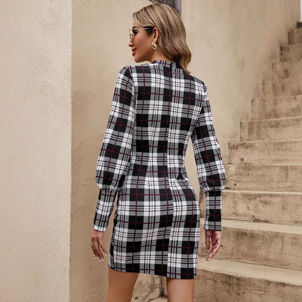 Damen figurbetontes Tartan-Kleid mit langen Ärmeln und Taillengürtel EB
