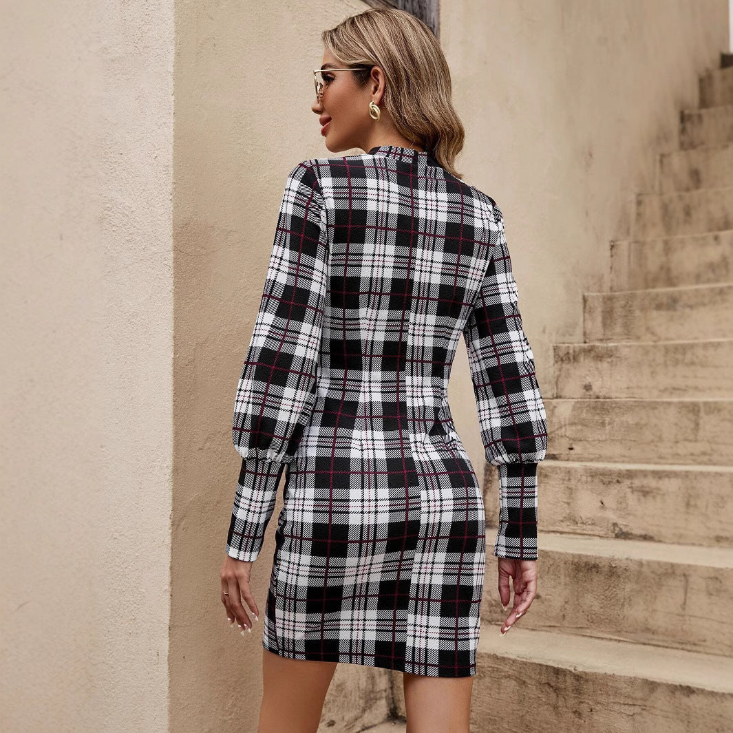 Damen figurbetontes Tartan-Kleid mit langen Ärmeln und Taillengürtel EB