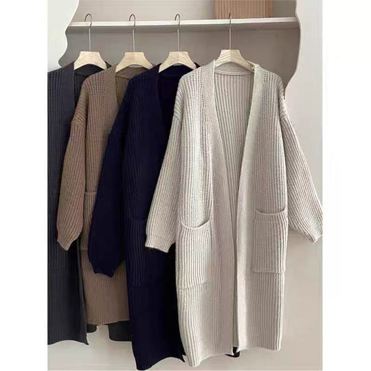Damen Langer Strick-Cardigan mit tiefen Taschen und luftiger Passform EB
