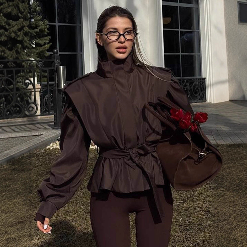 Damen Bluse mit hohen Kragen und elastischem Taillengürtel EB