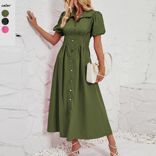 Damen Maxikleid mit schickem Hemdkragen und volumetrischen Puffärmel EB