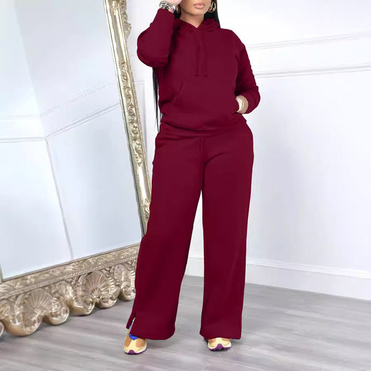 Damen nan Relax-Loungewear-Set mit weitem Highwaist-Palazzo-Jogger, Kapuzenpullover mit Kängurutasche und seitlichem Saumschlitz EB