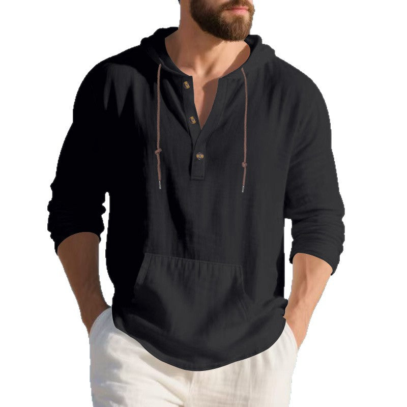 Herren nan leichtes Leinen-Henley-Kapuzenoberteil mit Kängurutasche und lässigem Relax-Fit EB