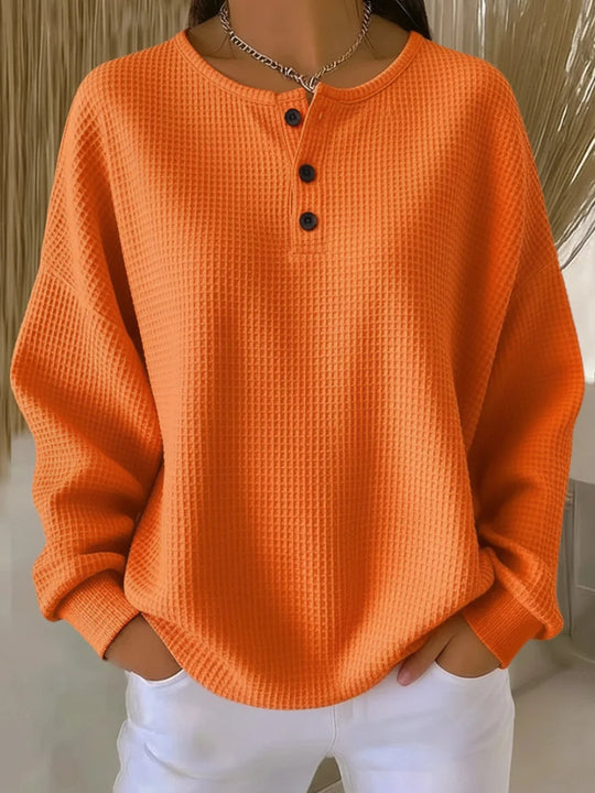 Damen nan Oversized Waffelstrick Henley-Pullover mit Knopfleiste und abgerundetem Saum EB