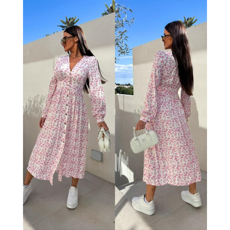 Damen Floral Knopf-Augen Maxi Kleid EB