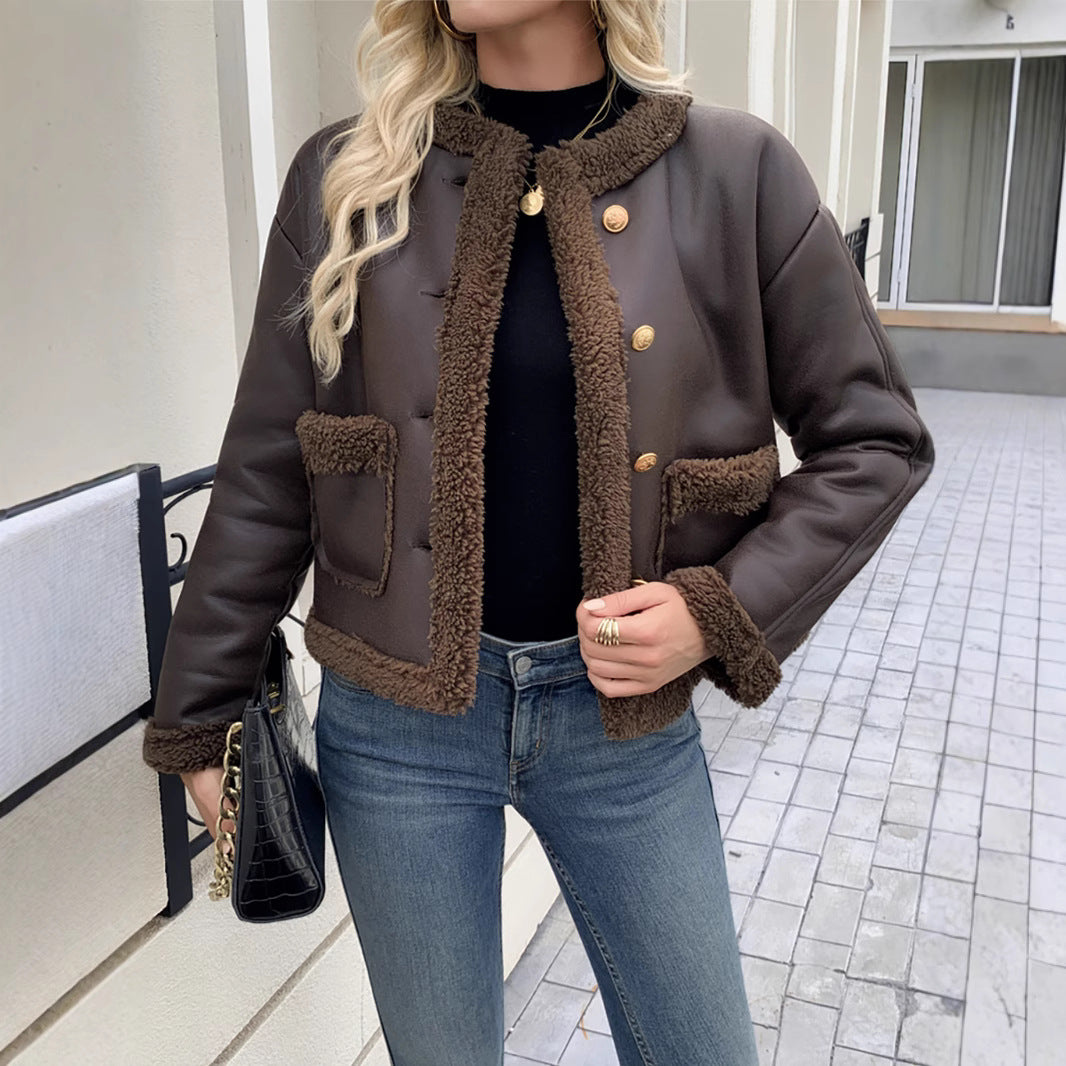 Damen Kurz geschnittene Texturjacke mit verdeckten Knöpfen und Taschen EB