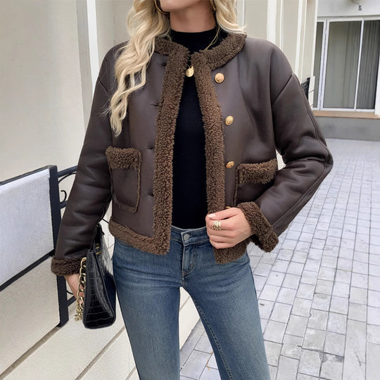 Damen Kurz geschnittene Texturjacke mit verdeckten Knöpfen und Taschen EB