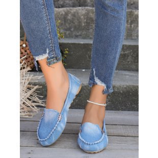 Damen nan lässige Denim-Mokassin-Slipper mit elastischem Einstieg und rutschfester Gummisohle EB