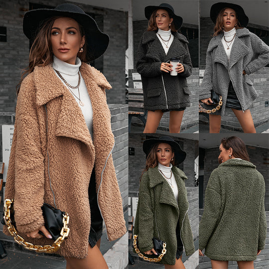 Damen kuschelige Teddyjacke mit asymmetrischem Revers und praktischen Taschen EB