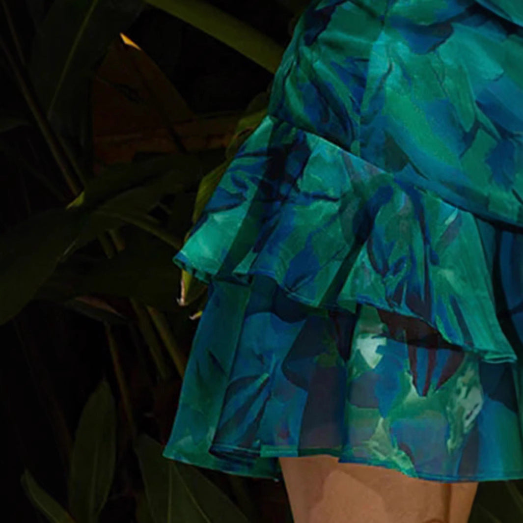 Damen Spaghettiträger Kleid mit verspielten Rüschendetails und bezauberndem V-Ausschnitt EB