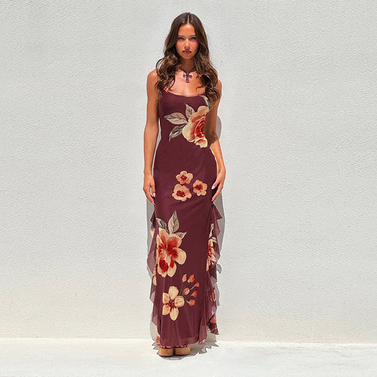 Damen elegantes Maxikleid mit floralem Design und seitlichem Schlitz EB