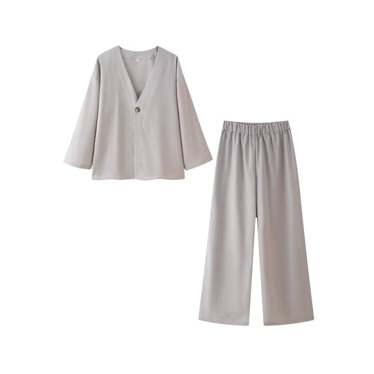 Damen Set aus eleganter Bluse mit V-Ausschnitt und weit geschnittenen Palazzo-Hosen EB