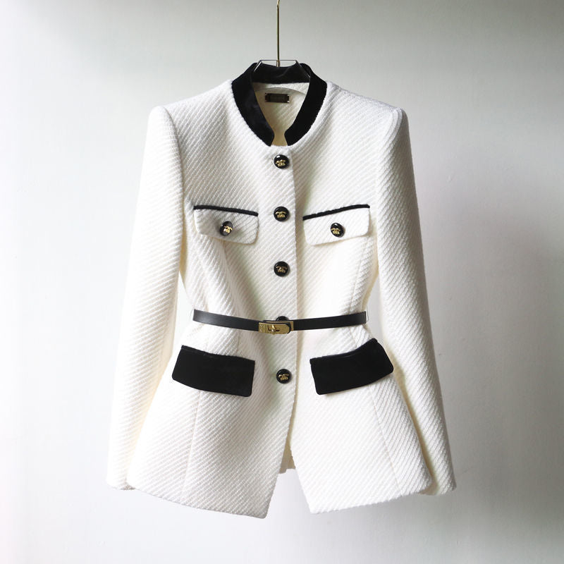 Damen Elegante Bouclé-Blazerjacke mit Samtbesatz und Taillengürtel EB