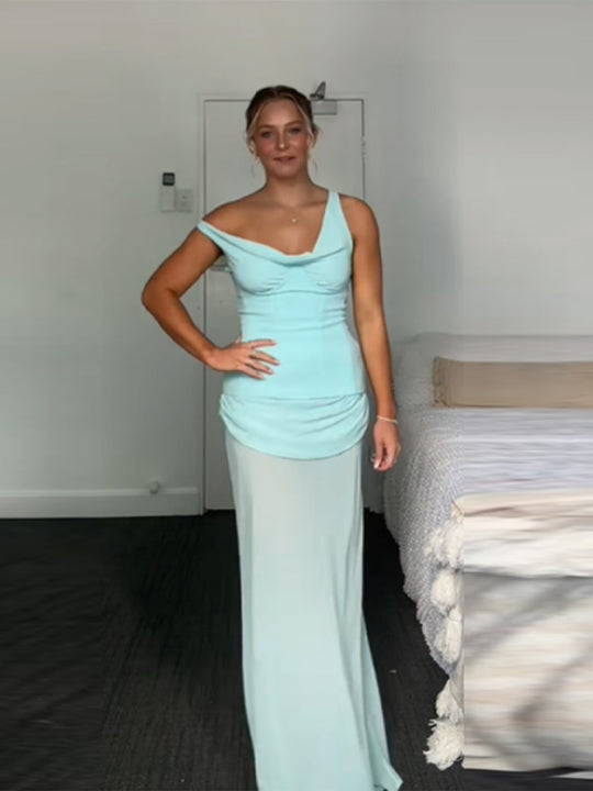 Damen elegantes Maxikleid mit Raffungen und asymmetrischem Ausschnitt EB