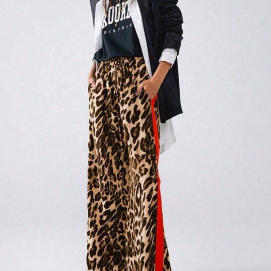Damen weite Leinenhose mit modischem Leopardenmuster und kontrastierendem Streifen EB