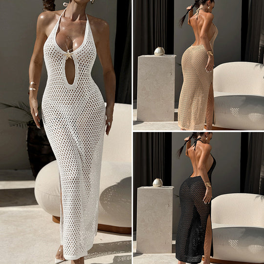 Damen Häkel-Strandkleid mit schickem Lochmuster und tiefem V-Ausschnitt EB