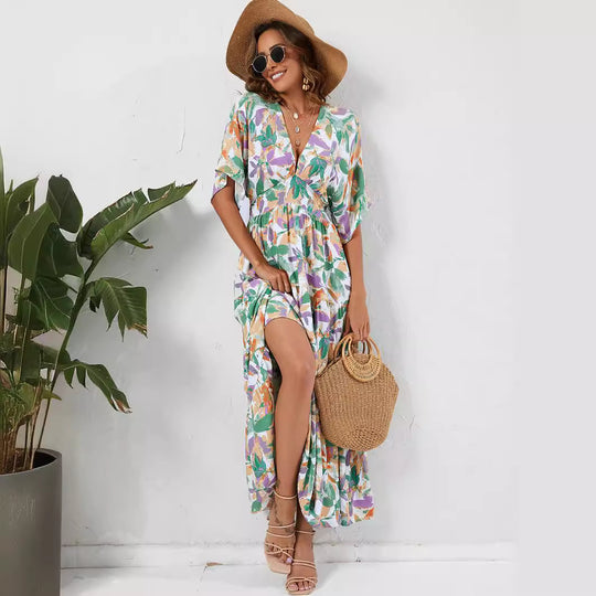 Damen Maxi-Kleid mit V-Ausschnitt und floralen Mustern EB