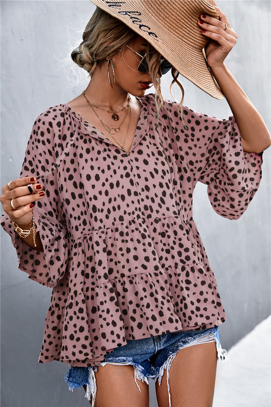 Damen lässige Bluse mit voluminösen Ärmel und modischem Punktmuster EB