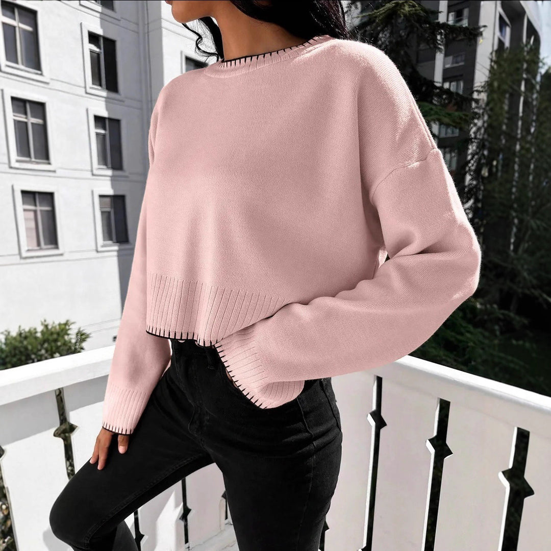 Damen lässiger Strickpullover mit geripptem Saum und überschnittenen Schultern EB