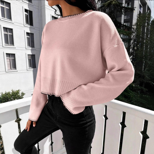 Damen lässiger Strickpullover mit geripptem Saum und überschnittenen Schultern EB