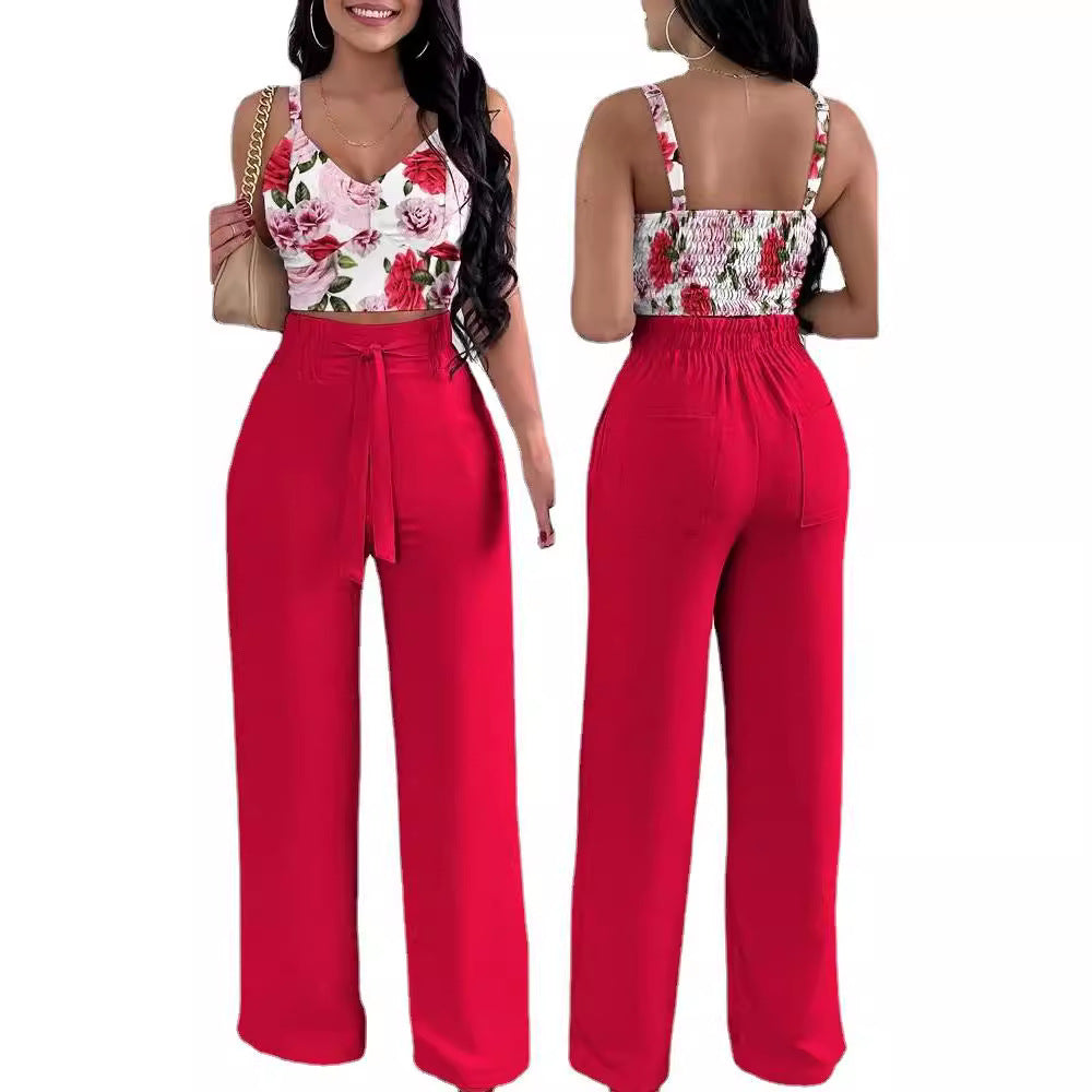 Damen Zweiteiliges Set aus floralem Oberteil und weiten Hosen EB