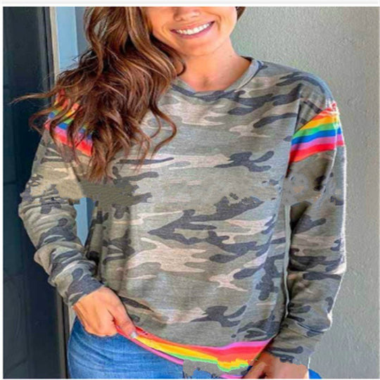 Damen Camouflage Sweatshirt mit kontrastierenden Streifen und Rundhalsausschnitt EB