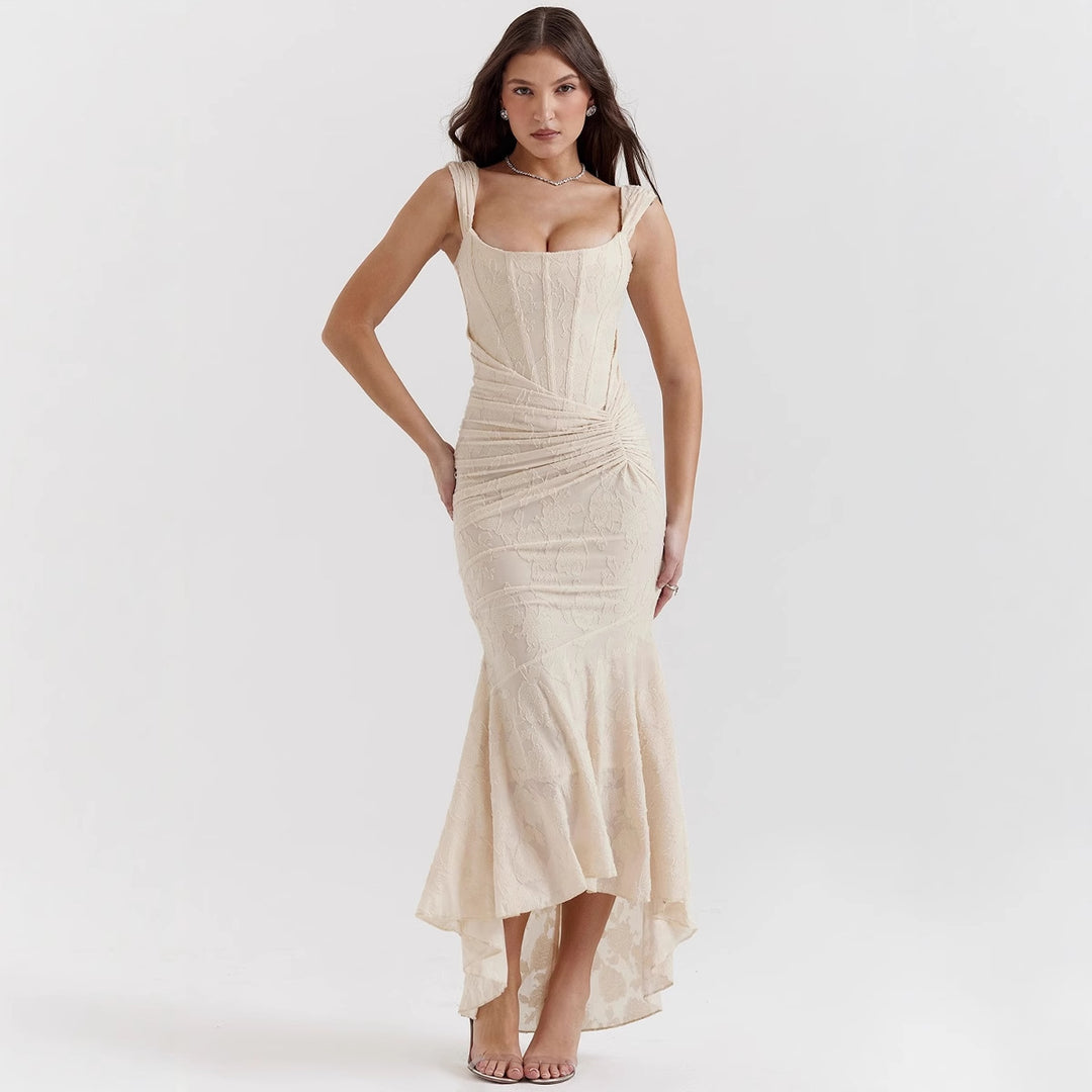 Damen Elegantes Spitzenkleid mit asymmetrischem Saum und gerafften Details EB