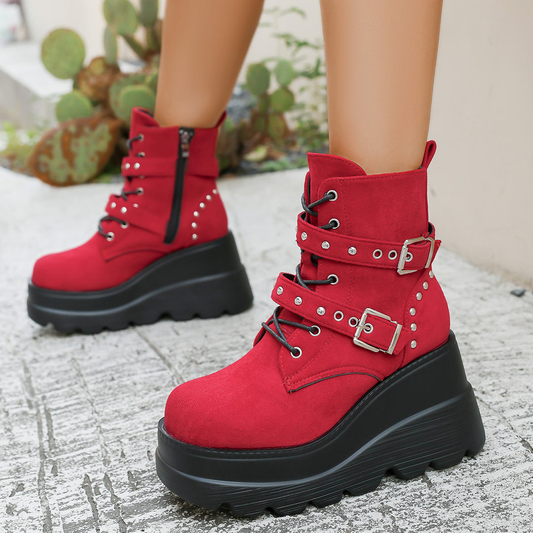 Damen Wedge-Stiefel mit modischen Schnallen und robustem Plateau EB