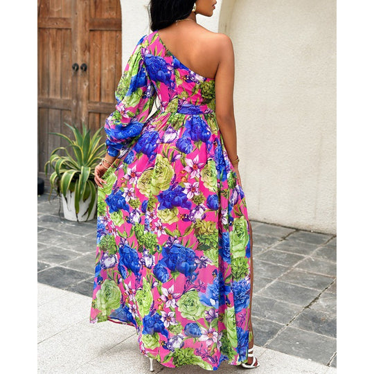 Damen Blumen Ein-Schulter Maxi Kleid EB