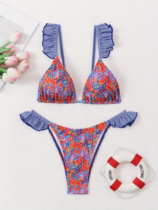 Damen Triangel-Bikini mit verspielten Rüschendetails und floralem Muster EB