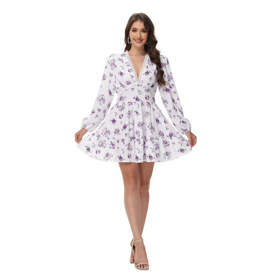 Damen Boho-florales Minikleid mit V-Ausschnitt und Puffärmeln EB