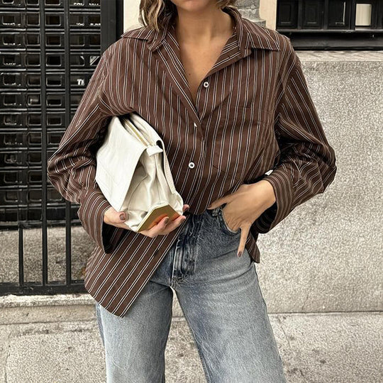 Damen nan lässiges Oversize-Hemd mit feinen Nadelstreifen, Hemdkragen und Brusttasche EB
