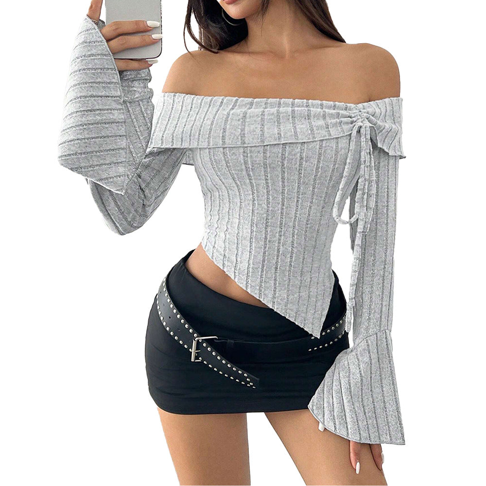 Damen schulterfreies geripptes Asymmetrisches Cropped-Top mit Glockenärmeln und Binddetail Eichborn Berlin