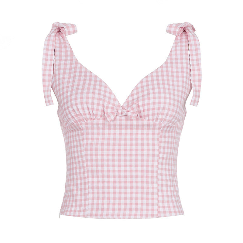 Damen V-Ausschnitt Top mit Bindedetails im Karomuster EB